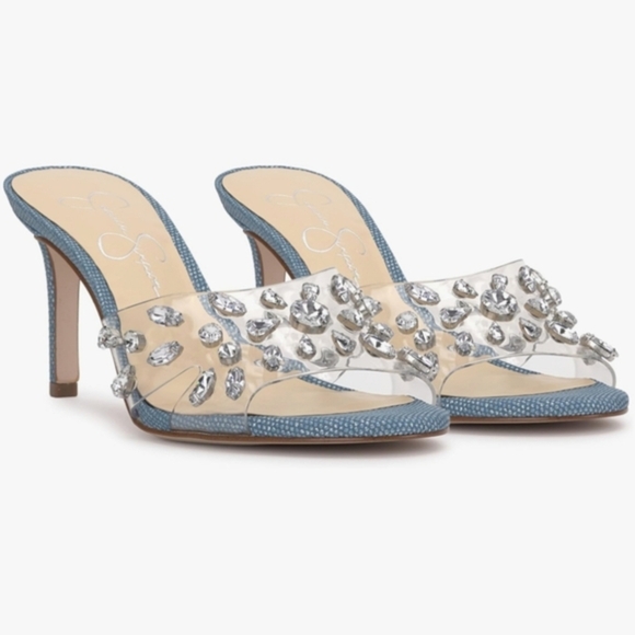 Jessica Simpson Primana clear crystal adorned denim mule heels size 10 brand new - Picture 1 of 10